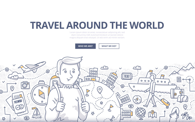 Download Vector "Traveling the World Doodle Concept - Vector Image" / Traveling the World Doodle Concept - Vector Image - Vector на тему графика vector,travel,globe,tourism,vacation,tour,trip,world,route,backpack,journey,doodle,compass,ticket,voyage,concept,landmark,tourist,destination,baggage
