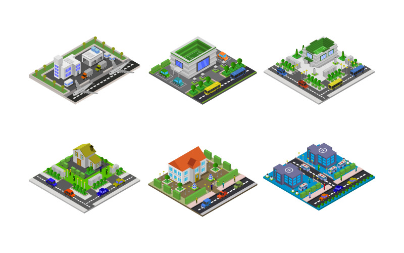 Conjunto de edifícios isométricos - imagem vetorial
