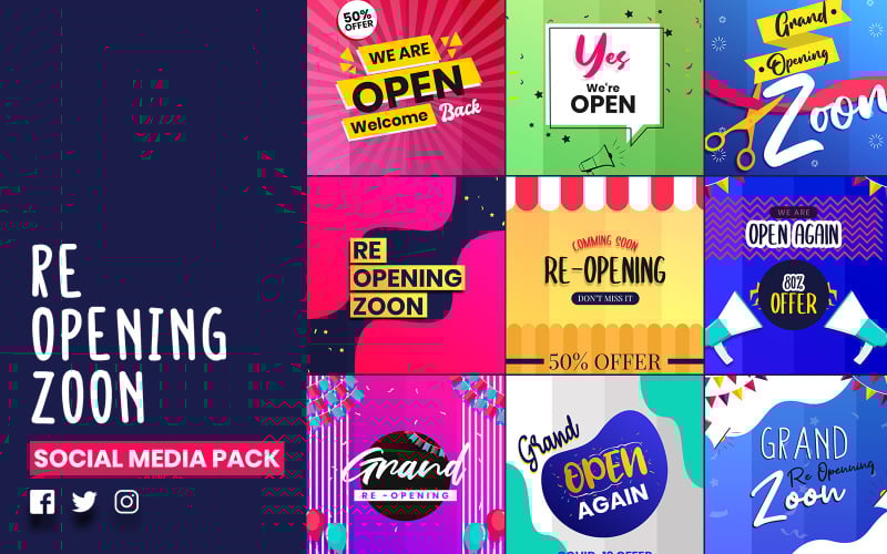 Download Шаблон для соцсетей "Reopening Social Media Template" / Reopening Social Media Template - Шаблон для соцсетей на тему графика reopening,social,media,template,facebook,instagram,twitter,post,templates,creative,vector,re,open,modern,story