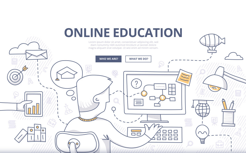 Download Vector "Online Education Doodle Concept - Vector Image" / Online Education Doodle Concept - Vector Image - Vector на тему графика abstract,learning,tutorial,education,background,course,student,lesson,training,computer,online,e-learning,banners,global,study,idea,doodle,concept,internet,knowledge