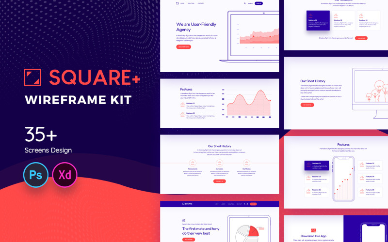 Prvky uživatelského rozhraní sady Square + Web Wireframe Kit