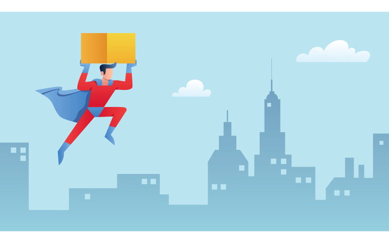Download Иллюстрация "Superhero Bringing Box - Illustration" / Superhero Bringing Box - Illustration - Иллюстрация на тему графика superhero,super,hero,bringing,box,deliver,delivery,express,fast,order,shipping,shipment,service,cape,man,male,guy,city,silhouette,modern