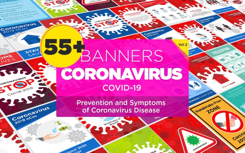55 Banner modelo de design de prevenção e sintomas de doença por coronavírus - imagem vetorial