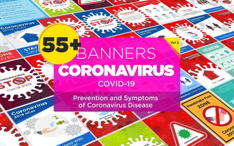 55 Banner-Prävention und Symptome der Coronavirus-Krankheit Entwurfsvorlage - Vektorbild