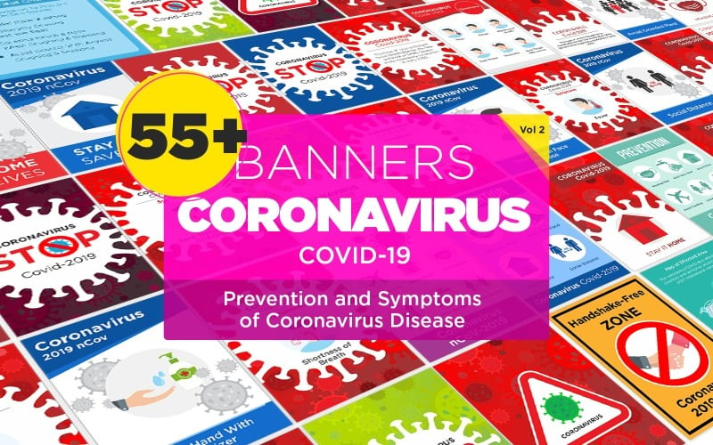 55 Banner Prevenzione e sintomi del modello di progettazione della malattia da coronavirus - Immagine vettoriale