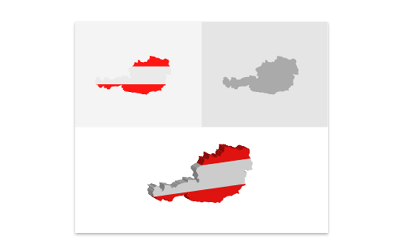Download Vector "3D and Flat Austria map - Vector Image" / 3D and Flat Austria map - Vector Image - Vector на тему графика atlas,border,capitals,cartography,chart,company,countries,country,dotted map,education,geography,headquarters,infographic,infographic map,layered,map,ocean,pins,route,stripes