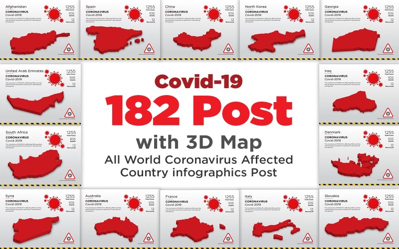 182 País afectado Mapa 3D de la plantilla de diseño de la enfermedad por coronavirus - Imagen vectorial