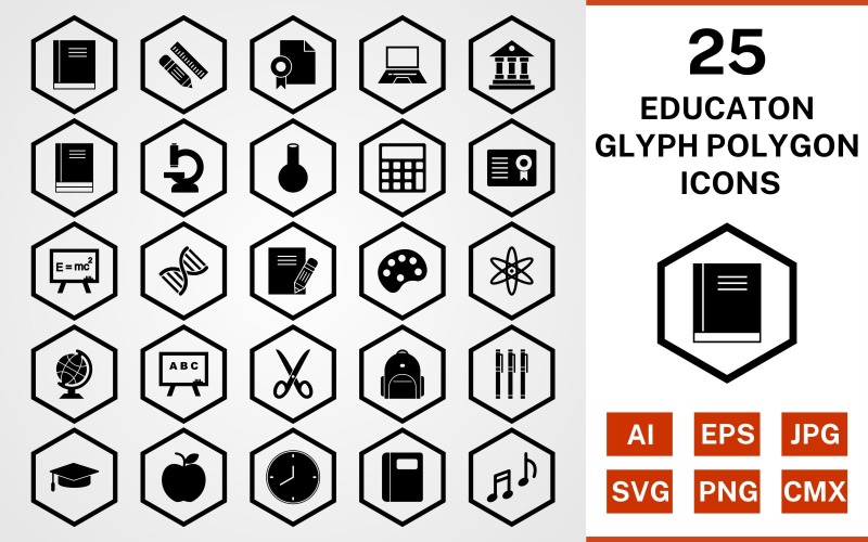 25 Educationl Glyph Polygon Ikonuppsättning
