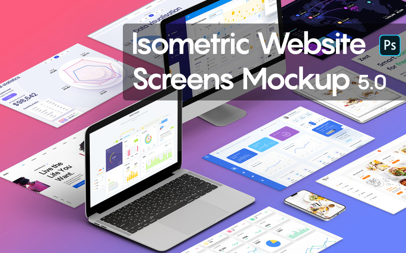 Mockup del prodotto schermate isometriche del sito Web 5.0