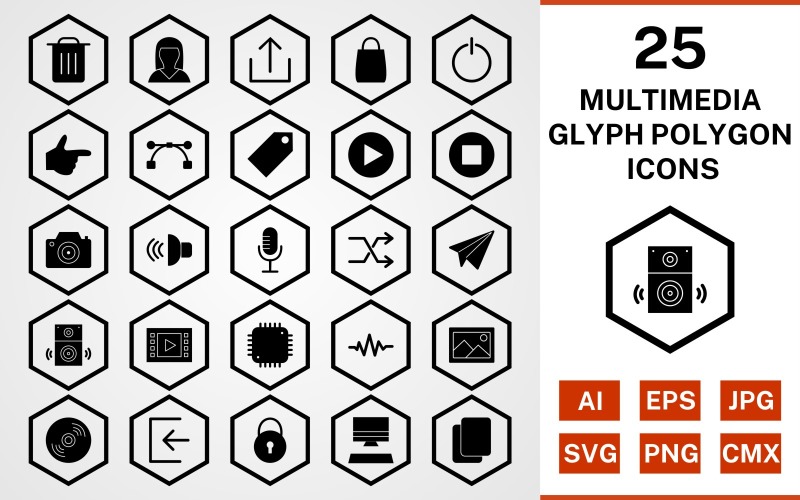 Download Набор иконок "25 Multimedia Glyph Polygon Icon Set" / 25 Multimedia Glyph Polygon Icon Set - Набор иконок на тему data set,file,icon,icons,glyph,vector,sign,symbol,pictogram,polygon,multimedia,logout,copy,shuffle,play,stop,upload,speaker,sign in
