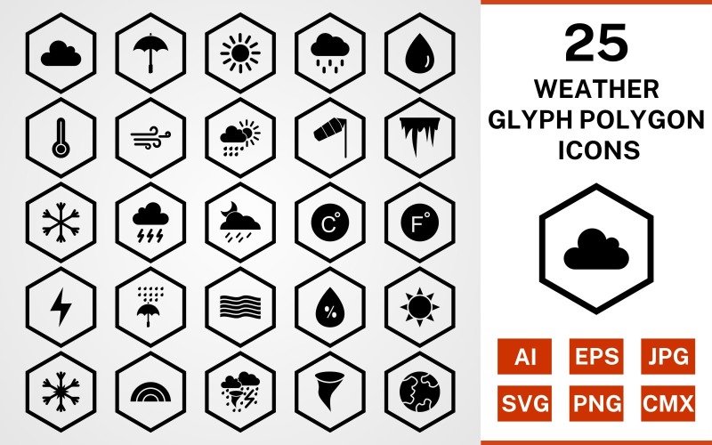 Download Набор иконок "25 Weather Glyph Polygon Icon Set" / 25 Weather Glyph Polygon Icon Set - Набор иконок на тему weather set,file,icon,icons,glyph,vector,sign,symbol,pictogram,polygon,weather,cloud,rain,sun,tornado,rainbow,windy,rain drop,temparature
