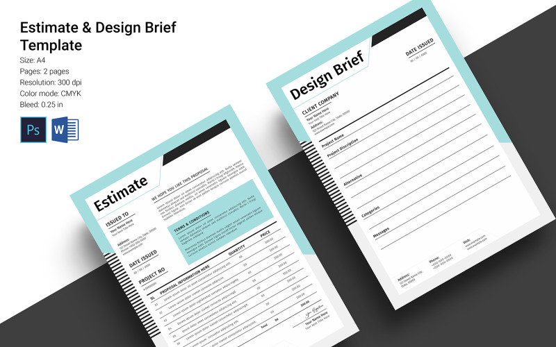Download Фирменный стиль "Estimate and Brief - Corporate Identity Template" / Estimate and Brief - Corporate Identity Template - Фирменный стиль на тему графика estimate,brief,cash memo,invoice,printable,ms word,psd,design,pitch pack,brand,stationery,clean,minimal,us letter