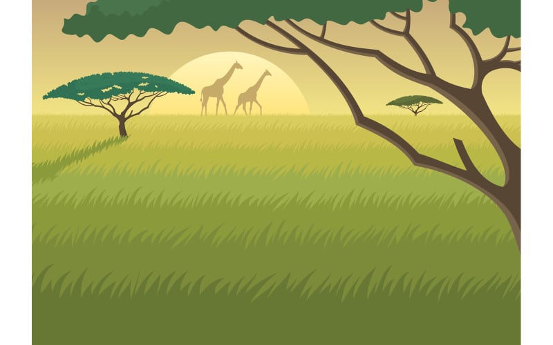 Download Иллюстрация "Africa Landscape - Illustration" / Africa Landscape - Illustration - Иллюстрация на тему графика africa,african,savannah,landscape,background,green,grass,tree,acacia,safari,sun,sunset,dusk,sunrise,dawn,horizon,sky,branch,giraffe,wild