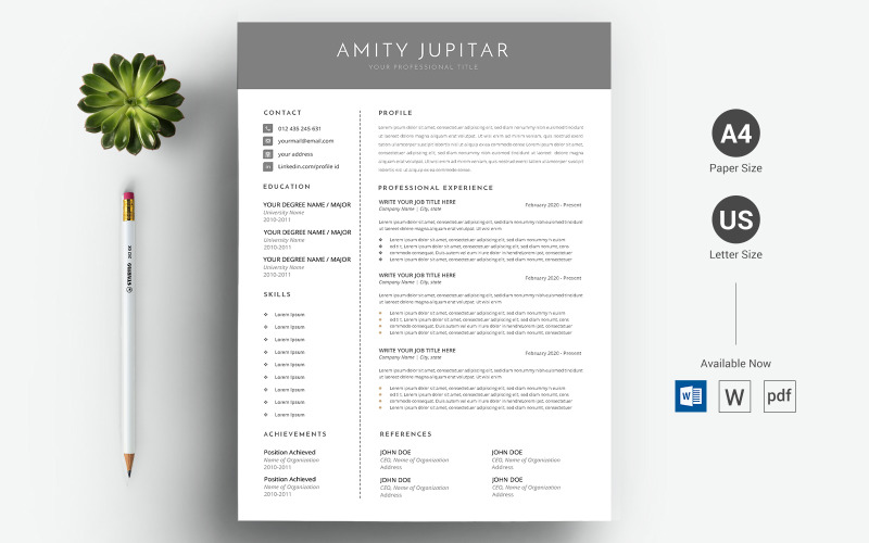 Download Резюме "Amity Jupitar - CV &amp; Resume Template" / Amity Jupitar - CV &amp; Resume Template - Резюме на тему графика a4,black resume,bright,clean,cv,cover letter,creative,curriculum vitae,design,template,docx,editable,elegant,job,light,minimal,word,modern,new,resume