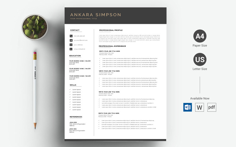 Download Резюме "Ankara Simpson - CV &amp; Resume Template" / Ankara Simpson - CV &amp; Resume Template - Резюме на тему графика a4,black resume,bright,clean,cv,cover letter,creative,curriculum vitae,design,template,docx,editable,elegant,job,light,minimal,word,modern,new,resume