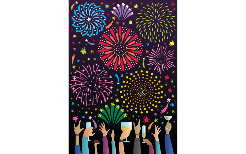 Download Иллюстрация "Celebration with Fireworks - Illustration" / Celebration with Fireworks - Illustration - Иллюстрация на тему графика fireworks,pyrotechnics,light show,party,celebration,festival,festivity,festive,fun,birthday,happy,holiday,wedding,event,glass,hand,holding,alcohol,champagne,wine