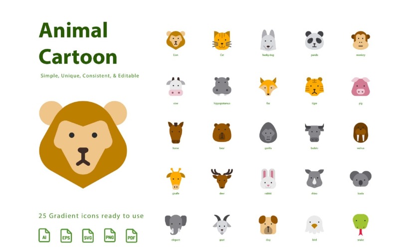 Conjunto de iconos de dibujos animados de animales (planos)