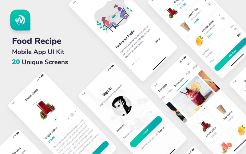 Download UI элементы "Food Recipe Mobile App UI Elements" / Food Recipe Mobile App UI Elements - UI элементы на тему графика food,recipe,mobile,app,ui,kit,ux,pack,bloggers,development,application,recipies,foodie
