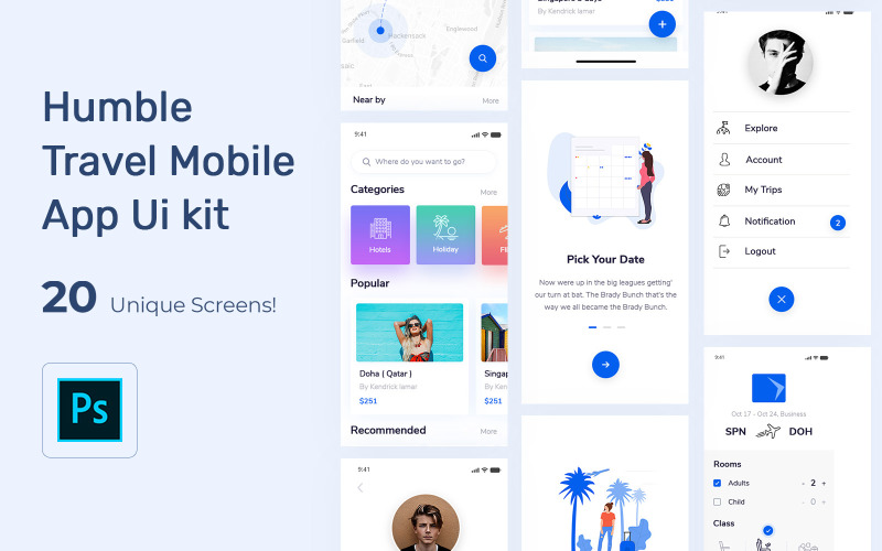 Humble Travel App mobiele UI-kit