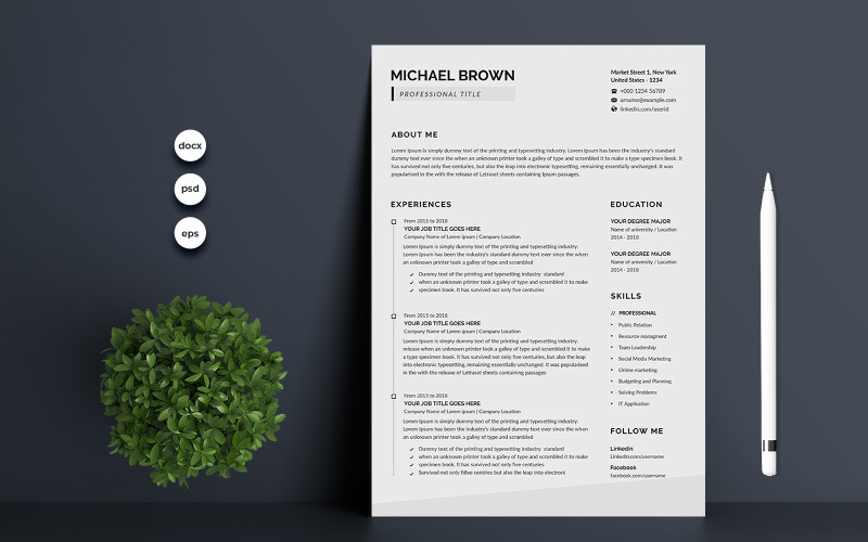 Download Резюме "Michael Brown Printable Resume Templates" / Michael Brown Printable Resume Templates - Резюме на тему графика a4,black,blue,clean,clean resume,creative,cv,cv clean,cv template,design,elegant,elegant resume,female,female resume,feminine,indesign,infographic,microsoft word,minimalist,modern