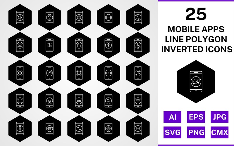 Conjunto de ícones invertidos do polígono de 25 linhas de aplicativos móveis