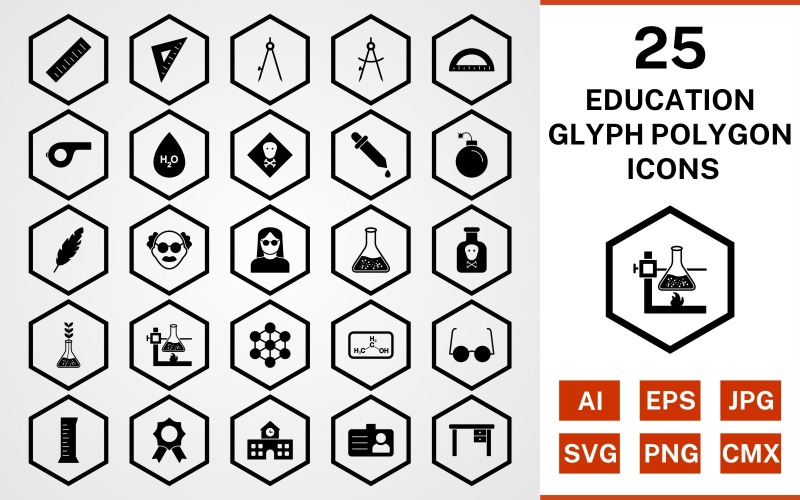 Download Набор иконок "25 Education Glyph Polygon Icon Set" / 25 Education Glyph Polygon Icon Set - Набор иконок на тему science set,file,icon,icons,glyph,vector,sign,symbol,pictogram,polygon,education,toxic,scale,school,award,chemicals,beaker,divider,compass