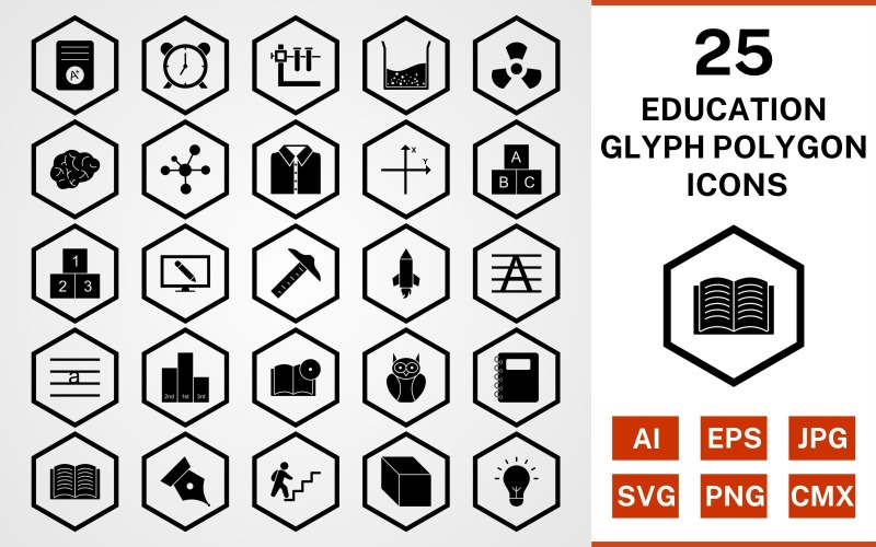 Download Набор иконок "25 Education Glyph Polygon Icon Set" / 25 Education Glyph Polygon Icon Set - Набор иконок на тему science set,file,icon,icons,glyph,vector,sign,symbol,pictogram,polygon,education,brain,cube,book dvd,open book,electron,alarm,notepad,radiation