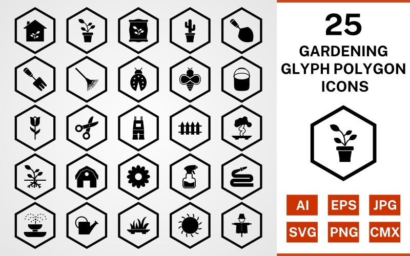 Download Набор иконок "25 Gardening Glyph Polygon Icon Set" / 25 Gardening Glyph Polygon Icon Set - Набор иконок на тему nature set,file,icon,icons,glyph,vector,sign,symbol,pictogram,polygon,gardening,sprout,pail,hose,barn,root,grass,watercan,trowel