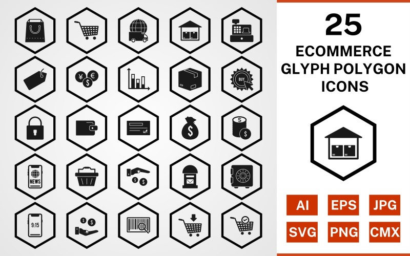 25 Ikonuppsättning för e-handelsglyphpolygon