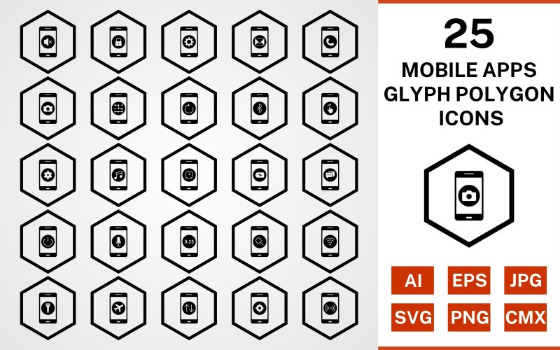 25 Ikonuppsättning för mobila appar Glyph Polygon