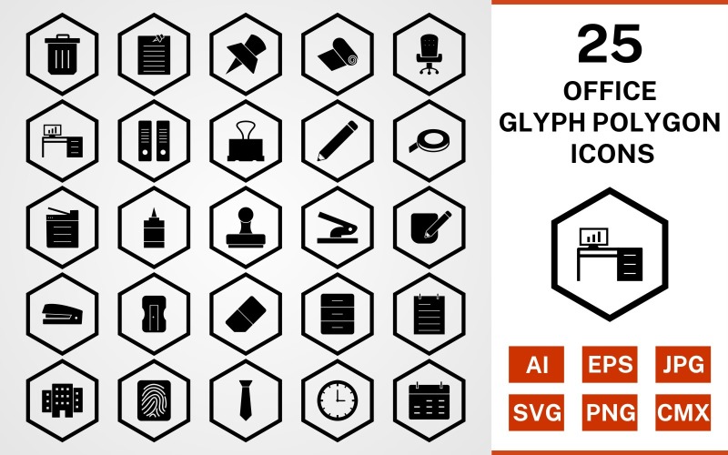 Download Набор иконок "25 Office Glyph Polygon Icon Set" / 25 Office Glyph Polygon Icon Set - Набор иконок на тему business set,file,icon,icons,glyph,vector,sign,symbol,pictogram,polygon,office,notepad,clock,tie,stamp,office chair,office table,post it,trash
