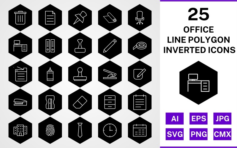 Download Набор иконок "25 Office Line Polygon Inverted Icon Set" / 25 Office Line Polygon Inverted Icon Set - Набор иконок на тему business set,file,icon,icons,line,vector,sign,symbol,pictogram,polygon,inverted,office,notepad,clock,tie,stamp,office chair,office table,post it,trash