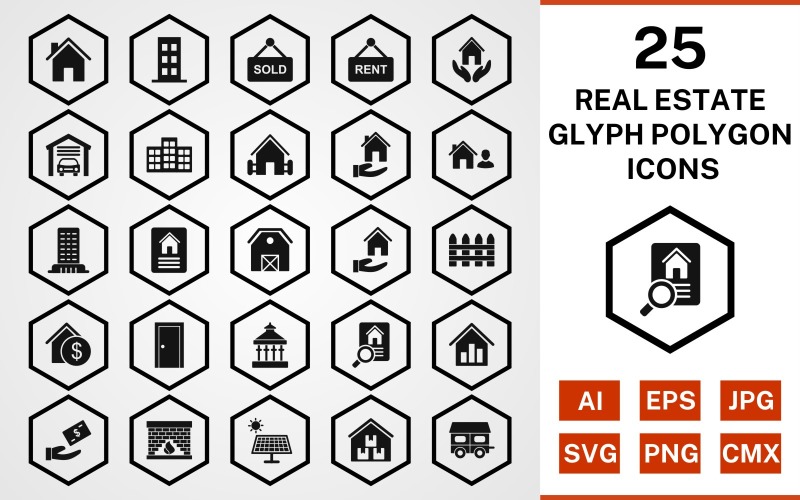 Download Набор иконок "25 Real Estate Glyph Polygon Icon Set" / 25 Real Estate Glyph Polygon Icon Set - Набор иконок на тему city set,file,icon,icons,glyph,vector,sign,symbol,pictogram,polygon,real estate,house,garage,building,farm house,loan,agent,flat,mortgage