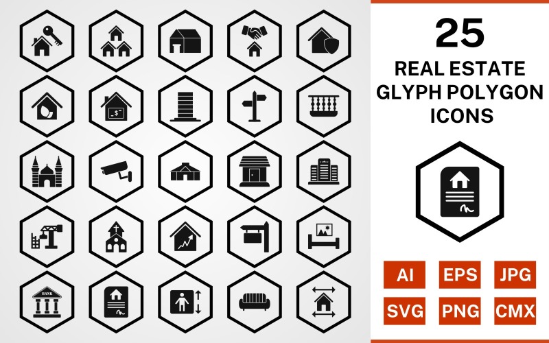 Download Набор иконок "25 Real Estate Glyph Polygon Icon Set" / 25 Real Estate Glyph Polygon Icon Set - Набор иконок на тему city set,file,icon,icons,glyph,vector,sign,symbol,pictogram,polygon,real estate,mosque,church,balcony,mansion,eco house,lift,yurt,bank