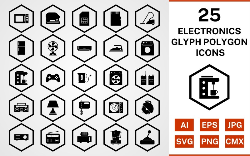 Sada ikon 25 glyf polygonů pro elektronická zařízení