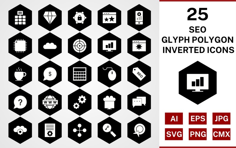 Download Набор иконок "25 Seo Glyph Polygon Inverted Icon Set" / 25 Seo Glyph Polygon Inverted Icon Set - Набор иконок на тему network set,file,icon,icons,glyph,vector,sign,symbol,pictogram,polygon,inverted,seo,network,settings,stats,diamond,conversation,starred,target,processor