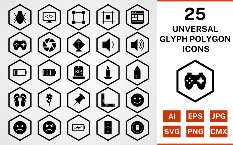 Download Набор иконок "25 Universal Glyph Polygon Icon Set" / 25 Universal Glyph Polygon Icon Set - Набор иконок на тему data set,file,icon,icons,glyph,vector,sign,symbol,pictogram,polygon,universal,flower,kite,bug,shutter,layout,candle,grave,low battery