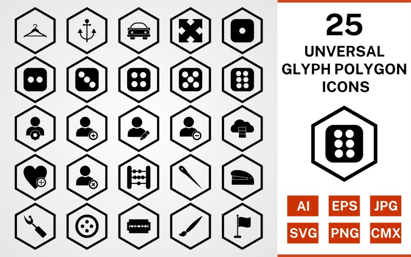 Download Набор иконок "25 Universal Glyph Polygon Icon Set" / 25 Universal Glyph Polygon Icon Set - Набор иконок set,file,icon,icons,glyph,vector,sign,symbol,pictogram,polygon,universal,hanger,dice six,flag,needle,edit profile,staper,button,blade