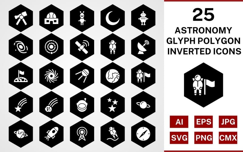 Download Набор иконок "25 Astronomy Glyph Polygon Inverted Icon Set" / 25 Astronomy Glyph Polygon Inverted Icon Set - Набор иконок на тему science set,file,icon,icons,glyph,vector,sign,symbol,pictogram,polygon,inverted,astronomy,astronout,galaxy,telescope,stars,compass,falling star,space station,solar system