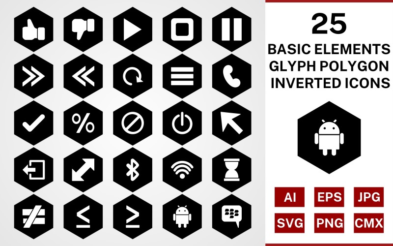 Download Набор иконок "25 Basic Elements Glyph Polygon Inverted Icon Set" / 25 Basic Elements Glyph Polygon Inverted Icon Set - Набор иконок на тему data set,file,icon,icons,glyph,vector,sign,symbol,pictogram,polygon,inverted,basic elements,play,stop,tick,like,cursor,android,blackberry,menu
