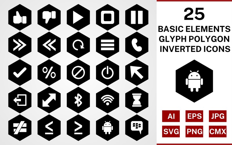 Conjunto de ícones invertidos de 25 elementos básicos Glyph Polygon