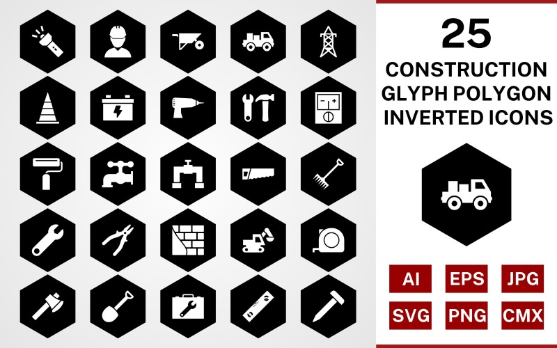 Download Набор иконок "25 Construction Glyph Polygon Inverted Icon Set" / 25 Construction Glyph Polygon Inverted Icon Set - Набор иконок на тему industrial set,file,icon,icons,glyph,vector,sign,symbol,pictogram,polygon,inverted,construction,engineer,loader,tools,tool box,drill,paint roller,pipe,saw