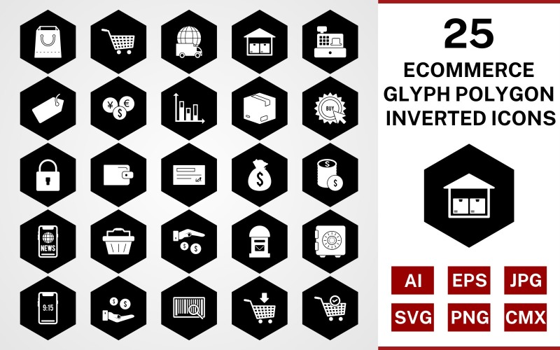 25 E-handel Glyph Polygon Inverterad Ikonuppsättning