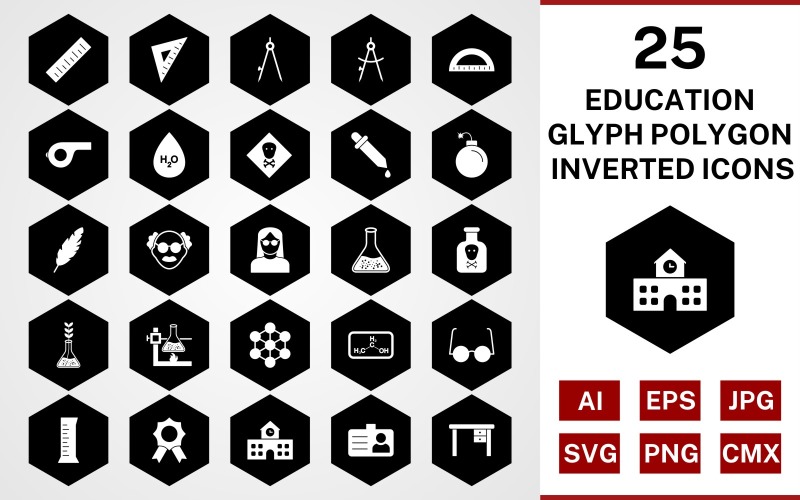 Download Набор иконок "25 Education Glyph Polygon Inverted Icon Set" / 25 Education Glyph Polygon Inverted Icon Set - Набор иконок на тему science set,file,icon,icons,glyph,vector,sign,symbol,pictogram,polygon,inverted,education,toxic,scale,school,award,chemicals,beaker,divider,compass