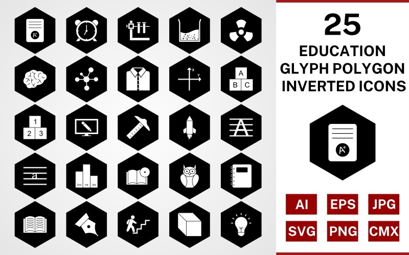 Download Набор иконок "25 Education Glyph Polygon Inverted Icon Set" / 25 Education Glyph Polygon Inverted Icon Set - Набор иконок на тему science set,file,icon,icons,glyph,vector,sign,symbol,pictogram,polygon,inverted,education,brain,cube,book dvd,open book,electron,alarm,notepad,radiation