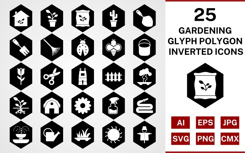 Download Набор иконок "25 Gardening Glyph Polygon Inverted Icon Set" / 25 Gardening Glyph Polygon Inverted Icon Set - Набор иконок на тему nature set,file,icon,icons,glyph,vector,sign,symbol,pictogram,polygon,inverted,gardening,sprout,pail,hose,barn,root,grass,watercan,trowel