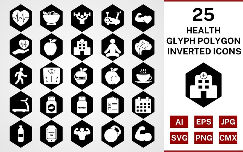 Download Набор иконок "25 Health Glyph Polygon Inverted Icon Set" / 25 Health Glyph Polygon Inverted Icon Set - Набор иконок на тему food set,file,icon,icons,glyph,vector,sign,symbol,pictogram,polygon,inverted,health,yoga,salad,heart beat,walking,body,hospital,apple,healthy food