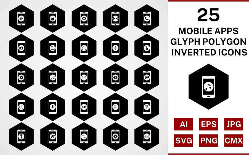 Download Набор иконок "25 Mobile Apps Glyph Polygon Inverted Icon Set" / 25 Mobile Apps Glyph Polygon Inverted Icon Set - Набор иконок на тему music set,file,icon,icons,glyph,vector,sign,symbol,pictogram,polygon,inverted,mobile apps,power off,music,camera,call,lock,silent,alarm,hotspot
