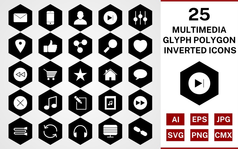 Download Набор иконок "25 Multimedia Glyph Polygon Inverted Icon Set" / 25 Multimedia Glyph Polygon Inverted Icon Set - Набор иконок на тему data set,file,icon,icons,glyph,vector,sign,symbol,pictogram,polygon,inverted,multimedia,next,avatar,heart,back,link,monitor,like,envelope