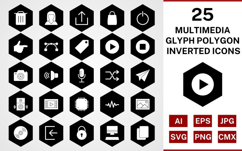 25 мультимедійних гліфів багатокутник перевернутий набір іконок